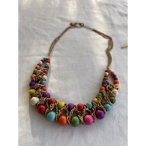 Ethnic Multicolor Boho Cord Necklace Colorful Beads Round Natural Stones 22” - Picture 13 of 16